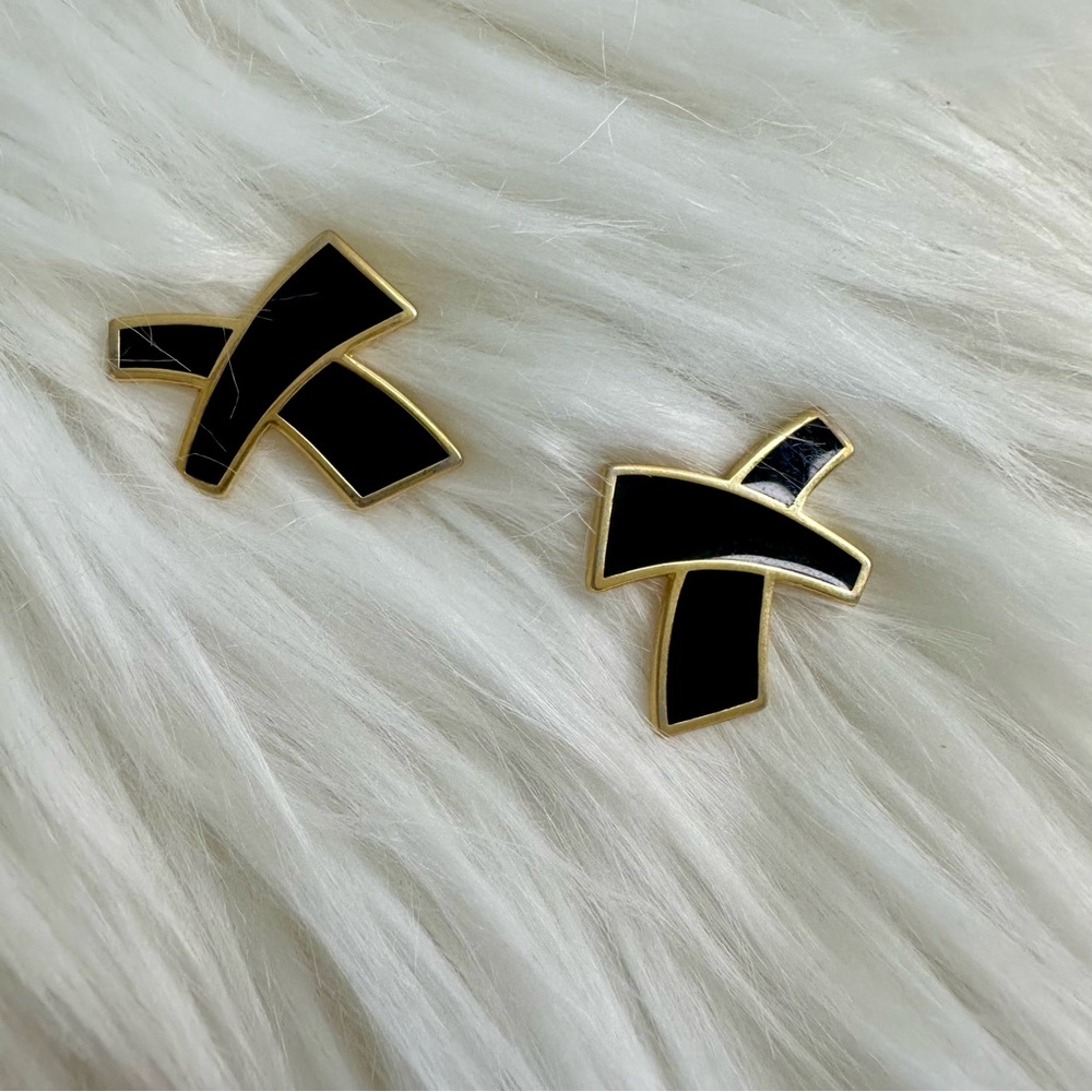 1.25” Vintage Monet X Black & Gold Pierced Bold Earrings - Picture 7 of 8